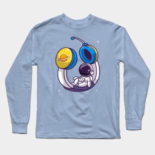 Cute Astronaut Sitting On Headphone In Space Cartoon Long Sleeve T-Shirt